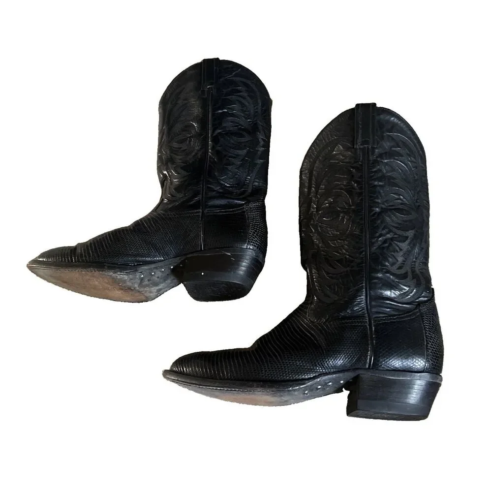 Vintage Tony Lama Size 10D Black Teju Lizard wingtips western cowboy boots